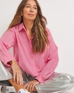 Womens Cotton Poplin Oversized Long Sleeve Shirt - Pink Stripe