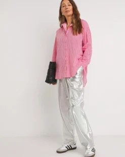 Womens Cotton Poplin Oversized Long Sleeve Shirt - Pink Stripe