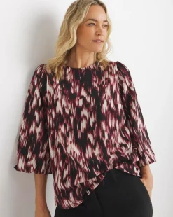 Womens Crew Neck Blouson Sleeve Blouse - Abstract