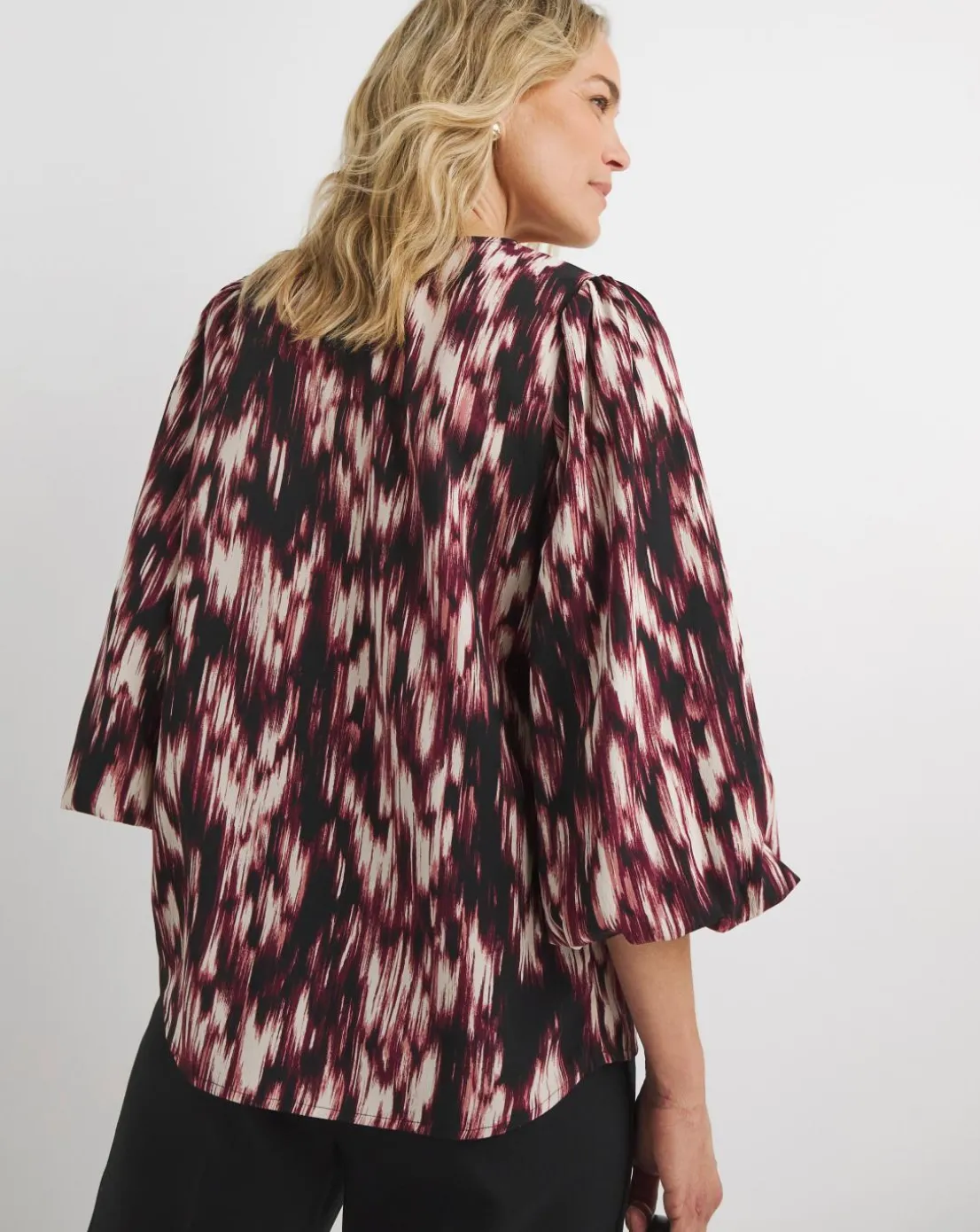 Womens Crew Neck Blouson Sleeve Blouse - Abstract