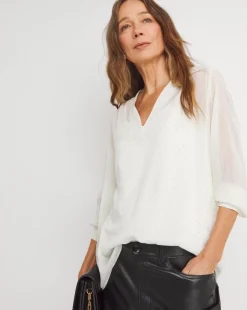 Womens Diamante Chiffon V Neck Long Sleeve Blouse - Champagne