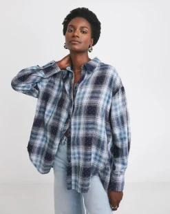 Womens Diamante Extreme Oversized Shirt - Blue Check