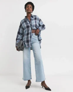 Womens Diamante Extreme Oversized Shirt - Blue Check