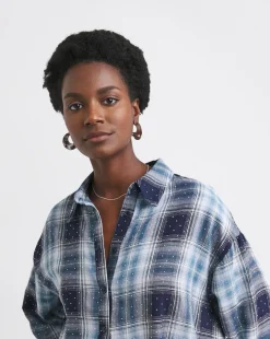 Womens Diamante Extreme Oversized Shirt - Blue Check
