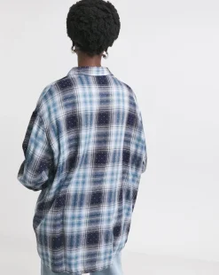 Womens Diamante Extreme Oversized Shirt - Blue Check