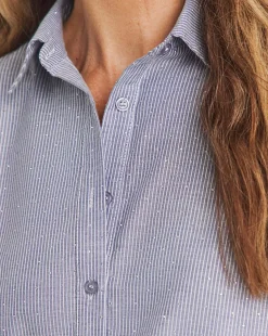 Womens Diamante Oversized Long Sleeve Shirt - Blue Stripe