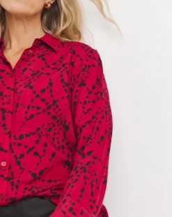Womens Dipped Back Long Sleeve Shirt - Red Abstract