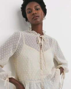 Womens Dobby Frill Smock Blouse - Ivory