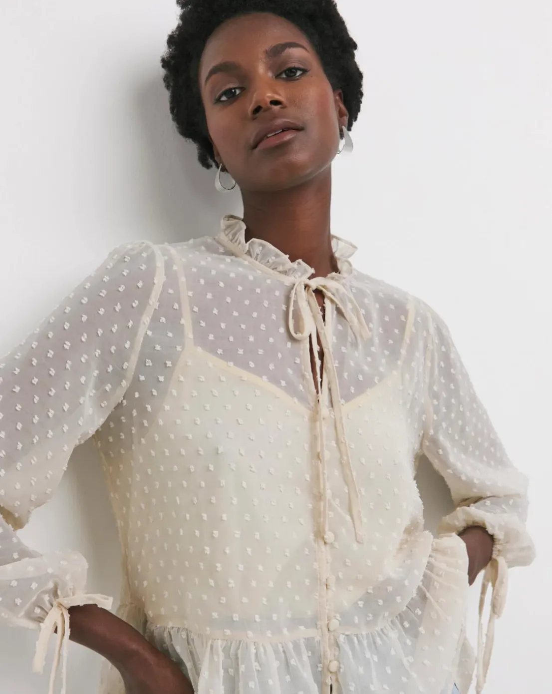 Womens Dobby Frill Smock Blouse - Ivory