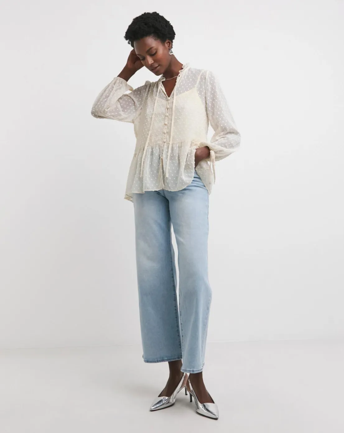 Womens Dobby Frill Smock Blouse - Ivory