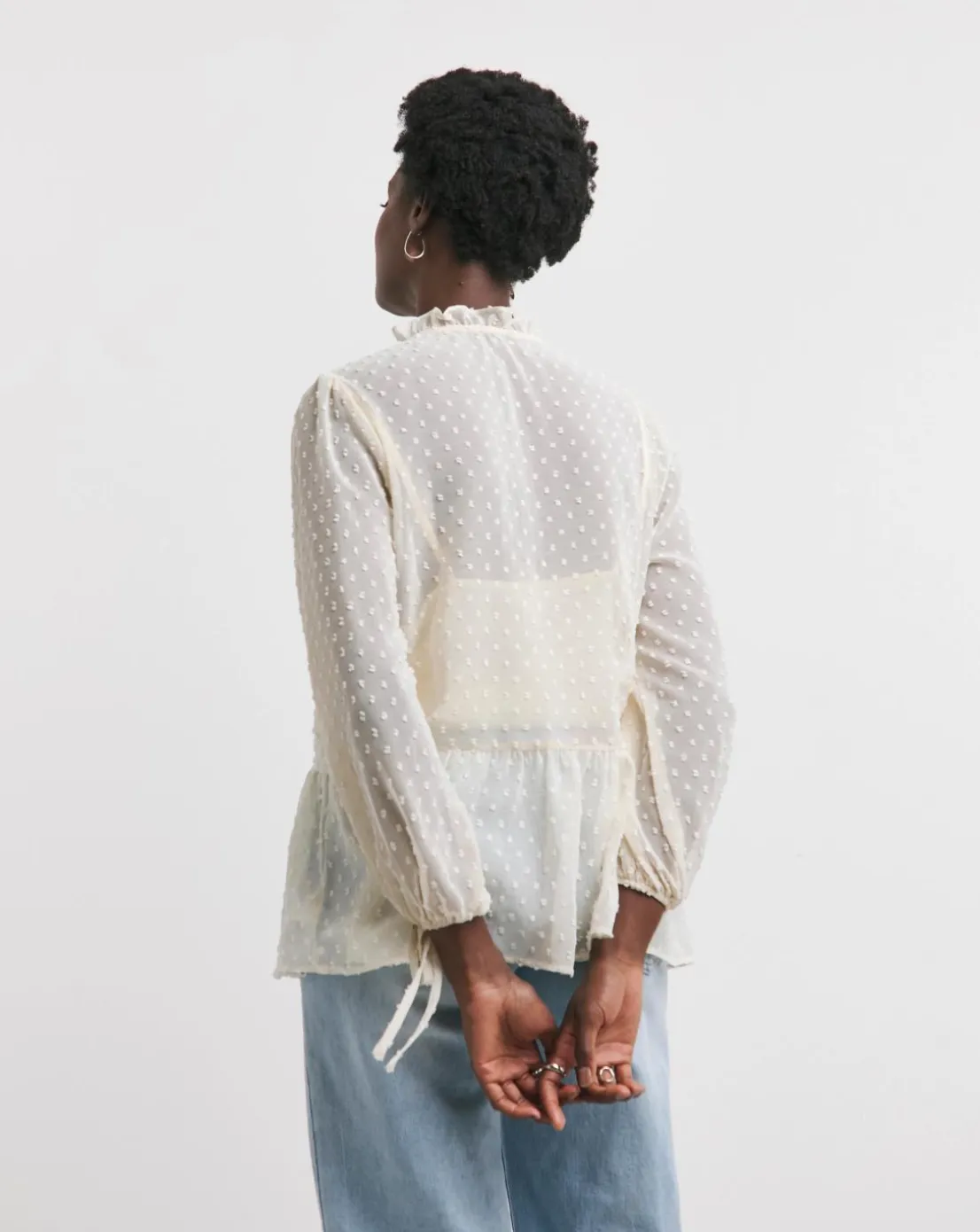 Womens Dobby Frill Smock Blouse - Ivory