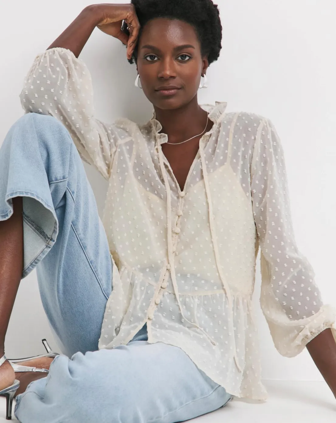 Womens Dobby Frill Smock Blouse - Ivory