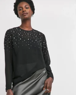 Womens Embellished Long Sleeve Blouse - Black
