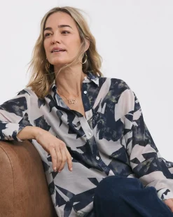 Womens Extreme Oversized Voile Shirt - Ivory Print