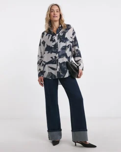 Womens Extreme Oversized Voile Shirt - Ivory Print