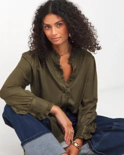 Womens Frill Detail Long Sleeve Blouse - Olive