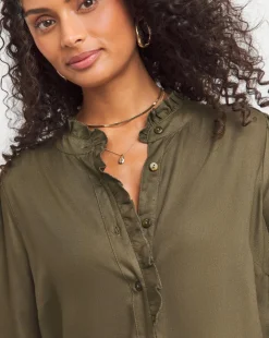 Womens Frill Detail Long Sleeve Blouse - Olive