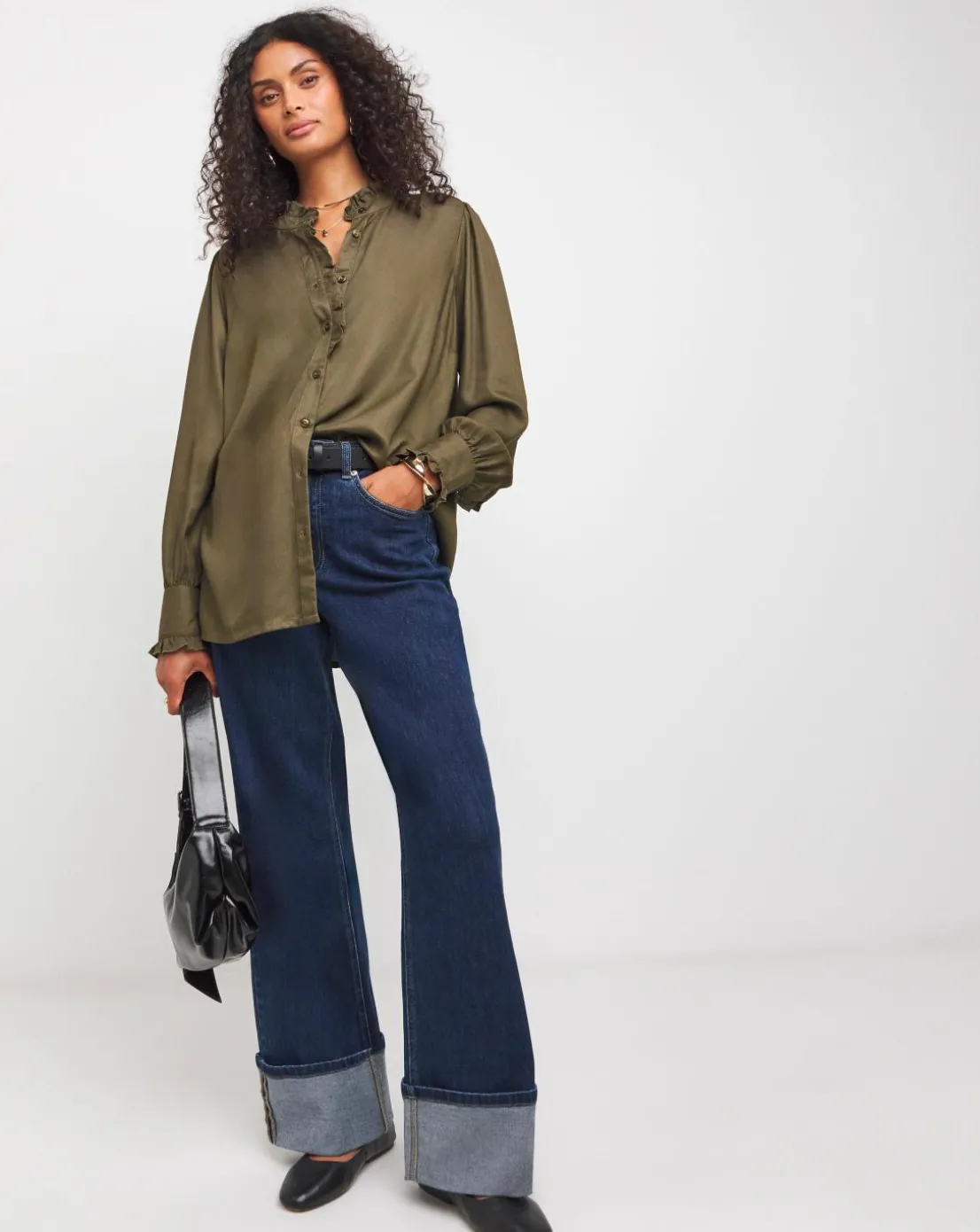 Womens Frill Detail Long Sleeve Blouse - Olive
