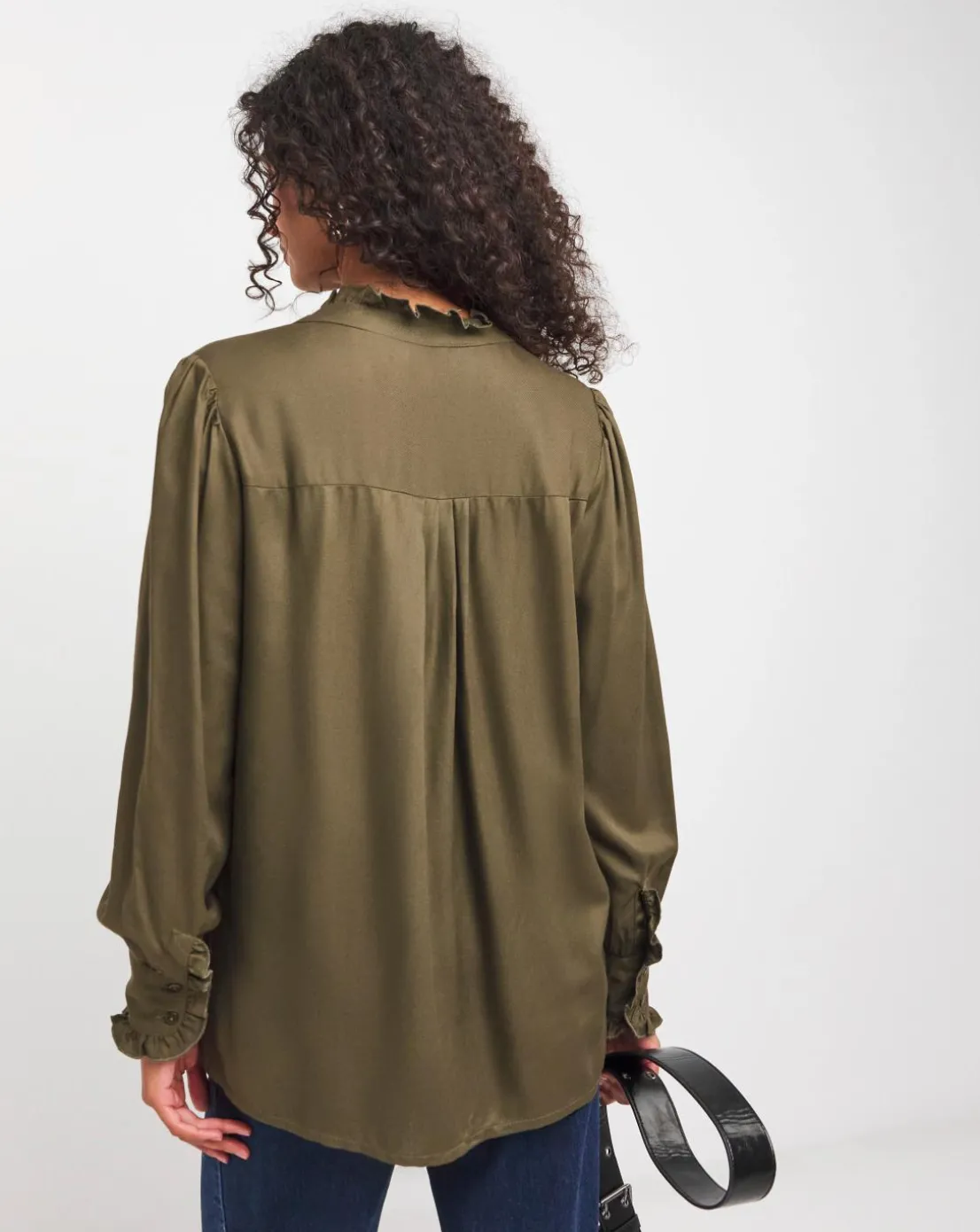 Womens Frill Detail Long Sleeve Blouse - Olive