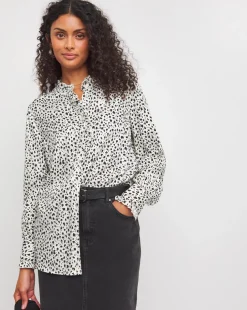 Womens Frill Detail Long Sleeve Blouse - Ivory Print