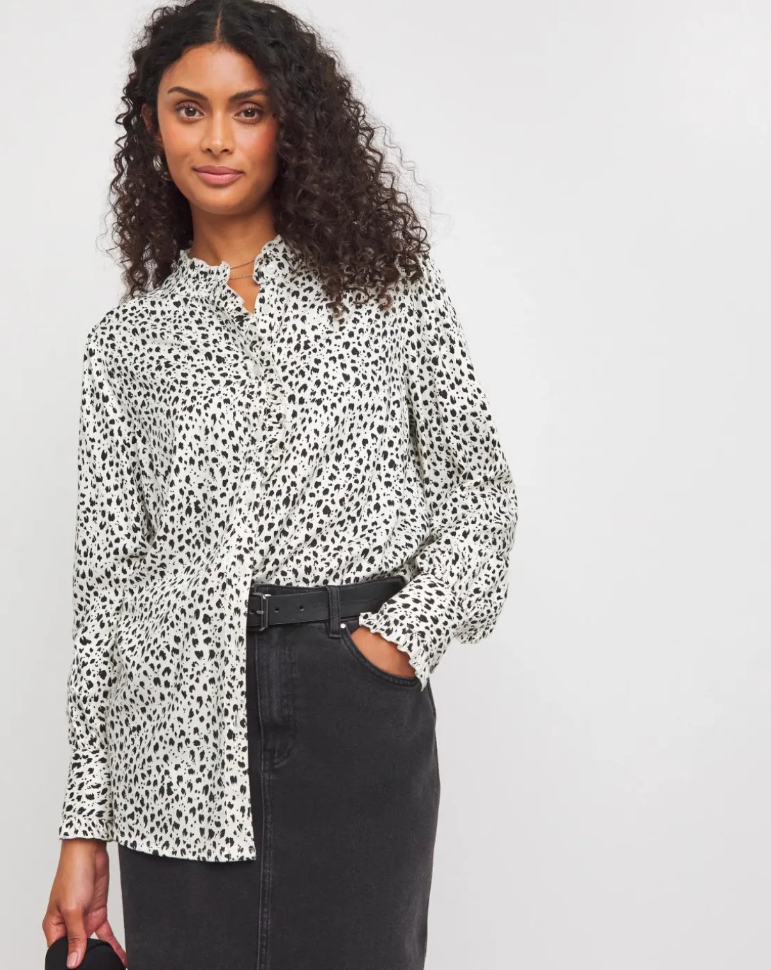 Womens Frill Detail Long Sleeve Blouse - Ivory Print