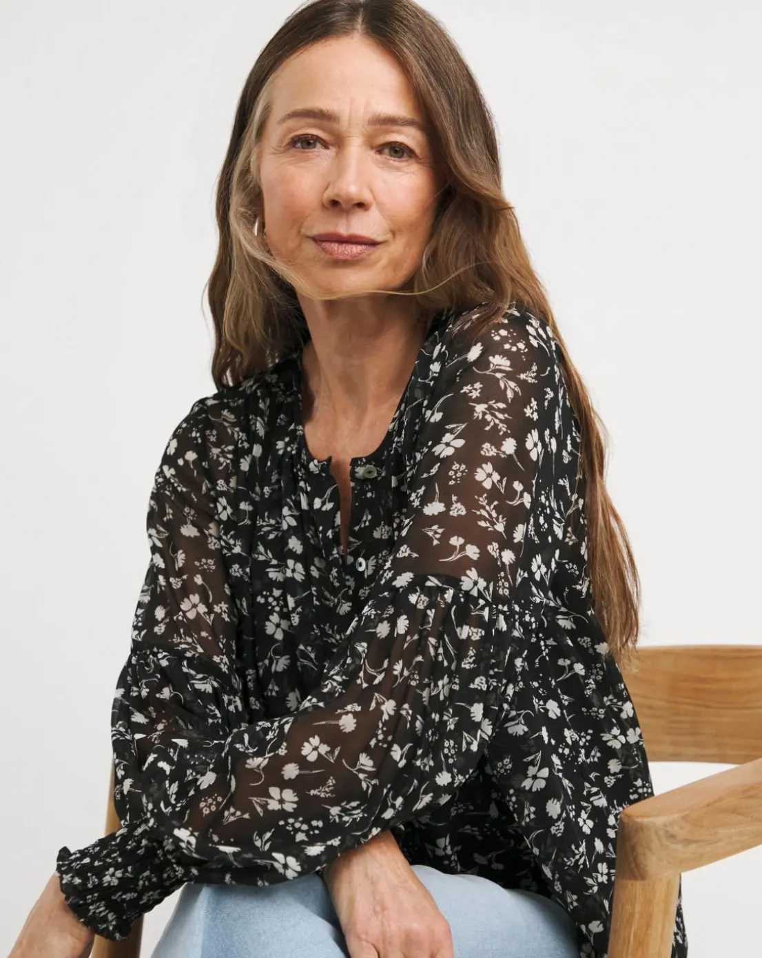 Womens Georgette Blouson Sleeve Blouse- Mono Floral