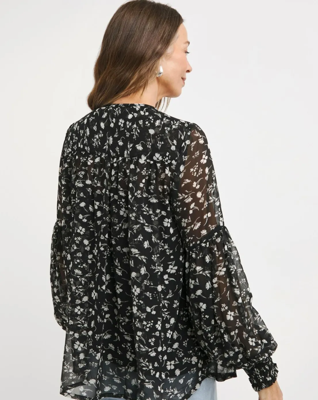 Womens Georgette Blouson Sleeve Blouse- Mono Floral