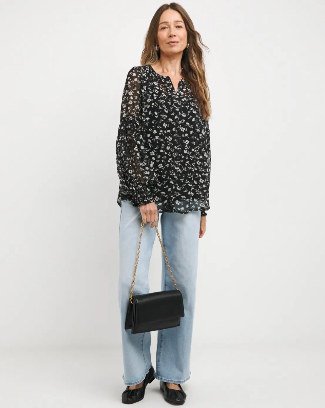 Womens Georgette Blouson Sleeve Blouse- Mono Floral