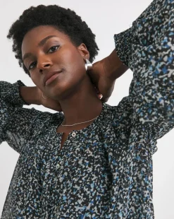 Womens Georgette Collarless Blouson Sleeve - Blue Abstract