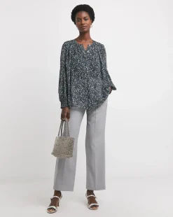 Womens Georgette Collarless Blouson Sleeve - Blue Abstract