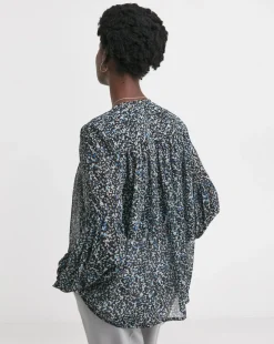 Womens Georgette Collarless Blouson Sleeve - Blue Abstract