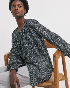 Womens Georgette Collarless Blouson Sleeve - Blue Abstract