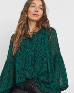 Womens Georgette Collarless Blouson Sleeve Blouse - Green Animal