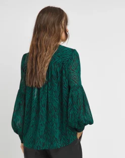Womens Georgette Collarless Blouson Sleeve Blouse - Green Animal