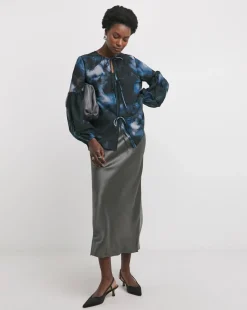 Womens Georgette Tie Detail Collarless Blouse - Abstract Print