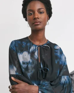 Womens Georgette Tie Detail Collarless Blouse - Abstract Print