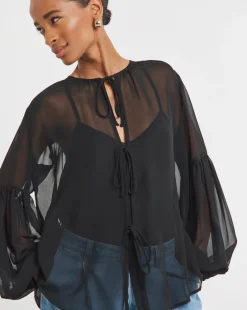 Womens Georgette Tie Detail Collarless Blouse - Black