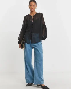 Womens Georgette Tie Detail Collarless Blouse - Black