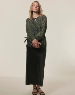 Womens Georgette Tie Detail Collarless Blouse - Khaki Print