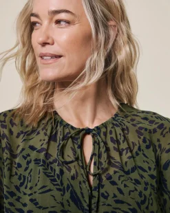 Womens Georgette Tie Detail Collarless Blouse - Khaki Print