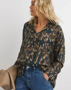 Womens Herringbone Collar Detail Long Sleeve Blouse - Abstract Print