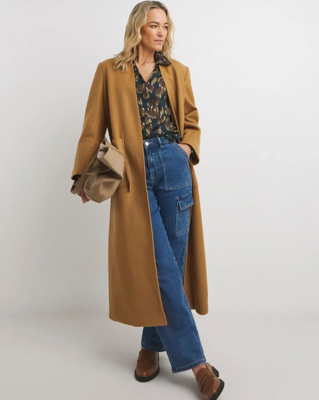 Womens Herringbone Collar Detail Long Sleeve Blouse - Abstract Print