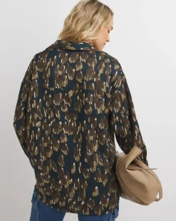 Womens Herringbone Collar Detail Long Sleeve Blouse - Abstract Print