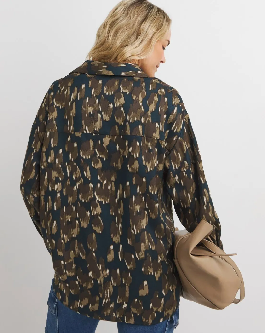 Womens Herringbone Collar Detail Long Sleeve Blouse - Abstract Print