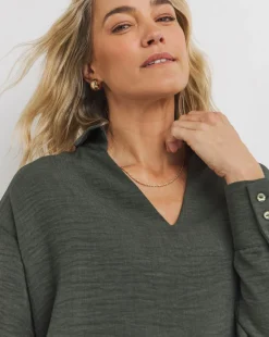 Womens Herringbone Collar Detail Long Sleeve Blouse - Khaki