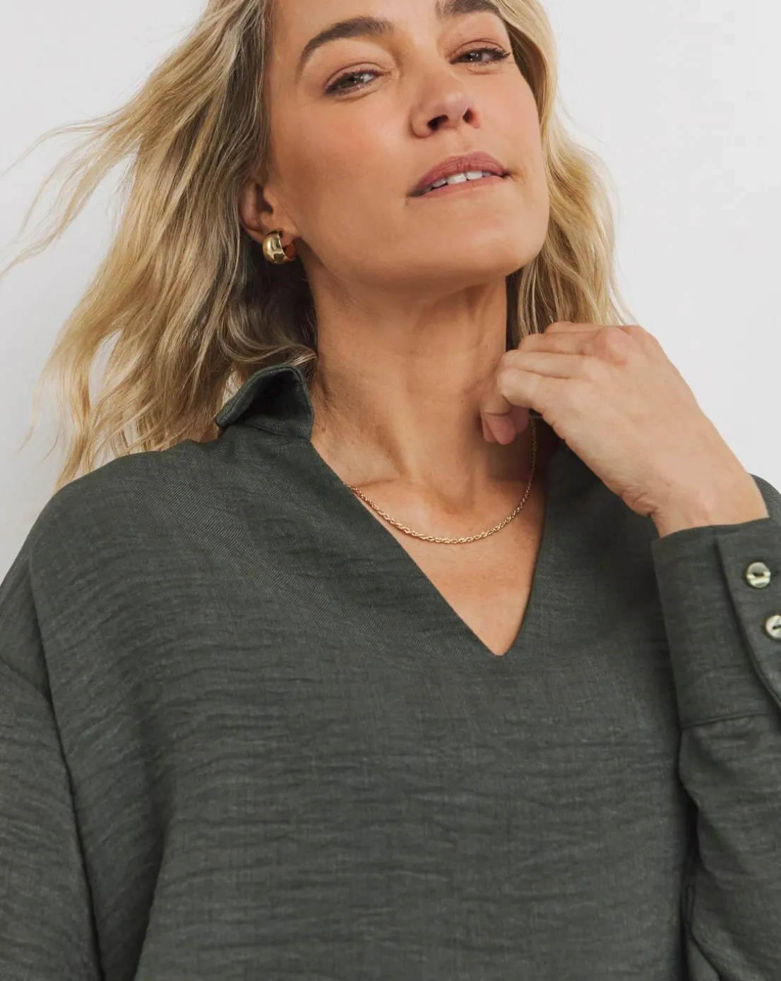 Womens Herringbone Collar Detail Long Sleeve Blouse - Khaki