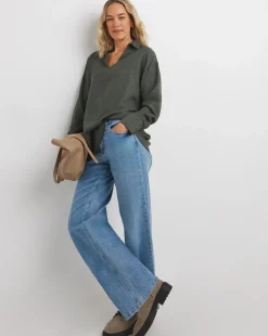 Womens Herringbone Collar Detail Long Sleeve Blouse - Khaki