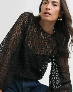 Womens Lace Bishop Sleeve Blouse - Black
