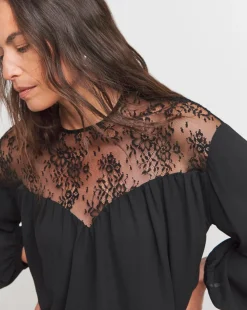 Womens Lace Insert Long Sleeve Blouse - Black
