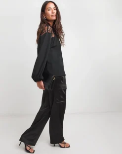 Womens Lace Insert Long Sleeve Blouse - Black